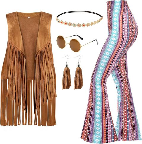 Spooktacular Creations Halloween Hippie Costume Women, 60s 70s Disco Striped Outfit with Accessories for Cosplay in Saudi Arabia