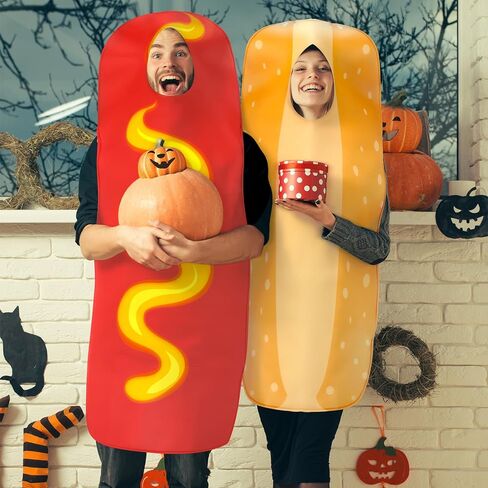 2 Pcs Hot Dog and Bun Costume Halloween Hot Dog Bun Adult Costume Couple Comedy Party Outfit Funny Photo Props Halloween Fast Food Restaurant Cosplay Food Clothes Outfits Party Gag Gift in Saudi Arabia