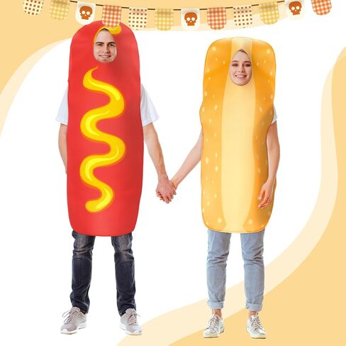 2 Pcs Hot Dog and Bun Costume Halloween Hot Dog Bun Adult Costume Couple Comedy Party Outfit Funny Photo Props Halloween Fast Food Restaurant Cosplay Food Clothes Outfits Party Gag Gift in Saudi Arabia