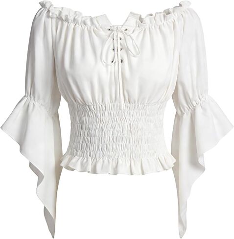 بلوزة فلاحية من عصر النهضة للسيدات بدون أكتاف وأكمام على شكل جرس قميص مشد قرصان من القرون الوسطى لـ Ren Faire Cottagecore in Kuwait