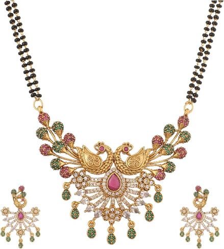 TARINIKA Antique Gold Plated Mirana Black Beads Mangalsutra Necklace Set with Peacock Design - Indian Jewelry Set for Women | Perfect for Ethnic Occasions | Traditional South Indian Necklace | 1 Year Warranty* in Saudi Arabia