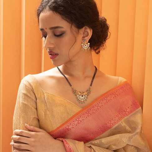 TARINIKA Antique Gold Plated Mirana Black Beads Mangalsutra Necklace Set with Peacock Design - Indian Jewelry Set for Women | Perfect for Ethnic Occasions | Traditional South Indian Necklace | 1 Year Warranty* in Saudi Arabia