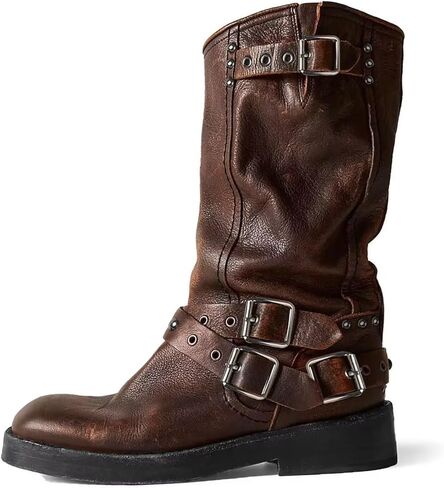 Agodor Brown Women's Mid Calf Boots Chunky Low Heel Riding Buckle Boot for Women Squared Toe Motorcycle Boots Slip On Riding Biker Booties US8 in Kuwait