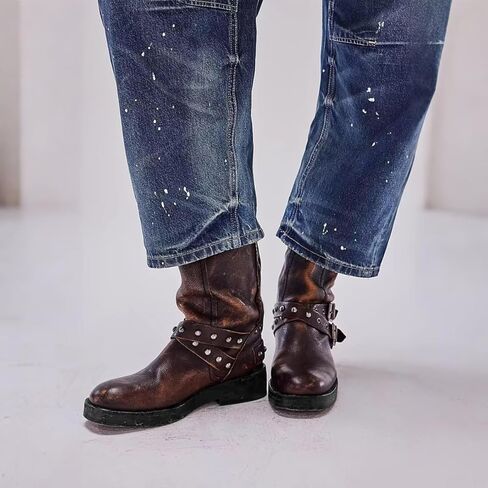 Agodor Brown Women's Mid Calf Boots Chunky Low Heel Riding Buckle Boot for Women Squared Toe Motorcycle Boots Slip On Riding Biker Booties US8 in Kuwait