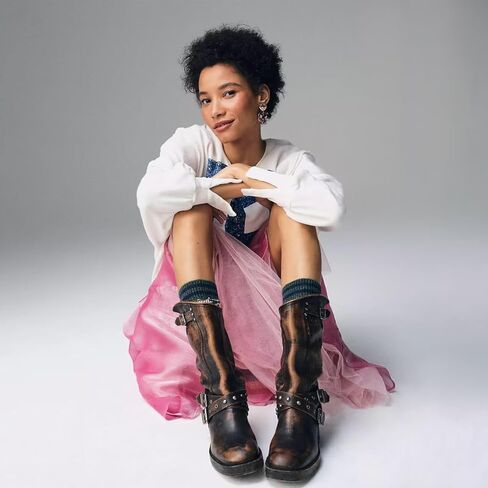 Agodor Brown Women's Mid Calf Boots Chunky Low Heel Riding Buckle Boot for Women Squared Toe Motorcycle Boots Slip On Riding Biker Booties US8 in Kuwait