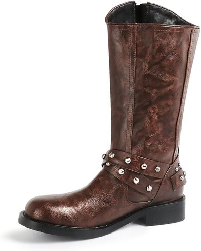 Agodor Brown Women's Mid Calf Boots Chunky Low Heel Riding Buckle Boot for Women Squared Toe Motorcycle Boots Slip On Riding Biker Booties US8 in Kuwait
