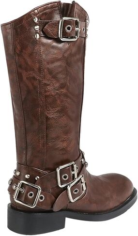 Agodor Brown Women's Mid Calf Boots Chunky Low Heel Riding Buckle Boot for Women Squared Toe Motorcycle Boots Slip On Riding Biker Booties US8 in Kuwait