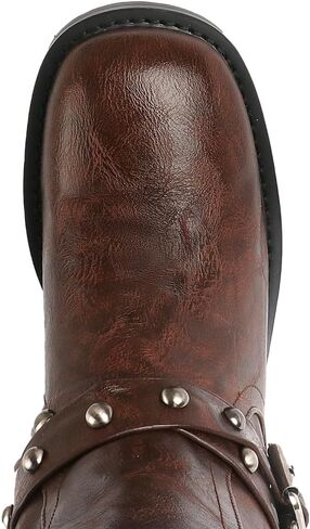 Agodor Brown Women's Mid Calf Boots Chunky Low Heel Riding Buckle Boot for Women Squared Toe Motorcycle Boots Slip On Riding Biker Booties US8 in Kuwait