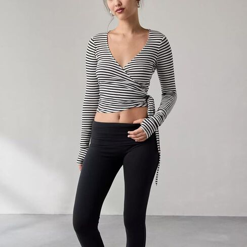 Women Wrap Top Y2K Stretchy Long Sleeve Deep V Neck Cross Tie Workout Ballet Blouse Thumb Hole Pilates Yoga Shirt in Saudi Arabia