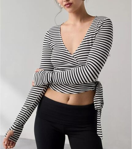 Women Wrap Top Y2K Stretchy Long Sleeve Deep V Neck Cross Tie Workout Ballet Blouse Thumb Hole Pilates Yoga Shirt in Saudi Arabia