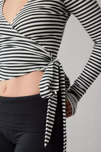 Women Wrap Top Y2K Stretchy Long Sleeve Deep V Neck Cross Tie Workout Ballet Blouse Thumb Hole Pilates Yoga Shirt in Saudi Arabia