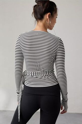 Women Wrap Top Y2K Stretchy Long Sleeve Deep V Neck Cross Tie Workout Ballet Blouse Thumb Hole Pilates Yoga Shirt in Saudi Arabia
