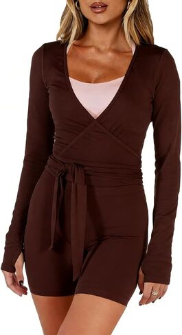 Women Wrap Top Y2K Stretchy Long Sleeve Deep V Neck Cross Tie Workout Ballet Blouse Thumb Hole Pilates Yoga Shirt in Saudi Arabia