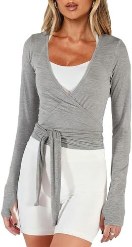 Women Wrap Top Y2K Stretchy Long Sleeve Deep V Neck Cross Tie Workout Ballet Blouse Thumb Hole Pilates Yoga Shirt in Saudi Arabia