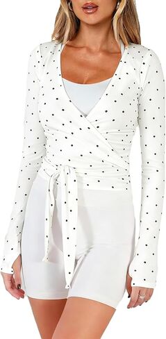 Women Wrap Top Y2K Stretchy Long Sleeve Deep V Neck Cross Tie Workout Ballet Blouse Thumb Hole Pilates Yoga Shirt in Saudi Arabia