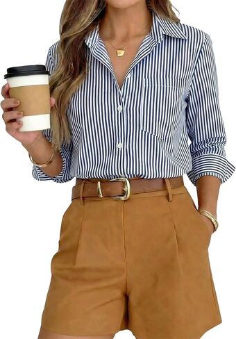 Striped Button Down Shirt for Women Long Sleeve Tops Office Blouses 2026 Dressy Casual Boyfriend Shirts with Pocket in Saudi Arabia