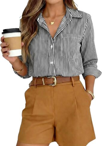 Striped Button Down Shirt for Women Long Sleeve Tops Office Blouses 2026 Dressy Casual Boyfriend Shirts with Pocket in Saudi Arabia