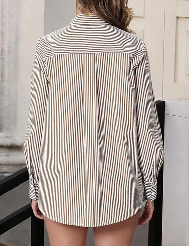 Striped Button Down Shirt for Women Long Sleeve Tops Office Blouses 2026 Dressy Casual Boyfriend Shirts with Pocket in Saudi Arabia