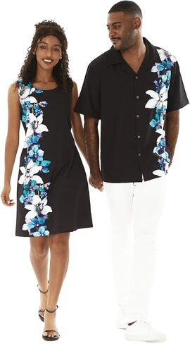 Matchable Couple Hawaiian Luau Men Shirt or Women Tank Dress in Watercolor Orchid Black Turquoise in Saudi Arabia