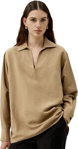 LilySilk Women Silk Linen Blend Shirt Ladies Breathable Blouse with Half-Placket V-Neck Half Dropped Shoulder in Saudi Arabia