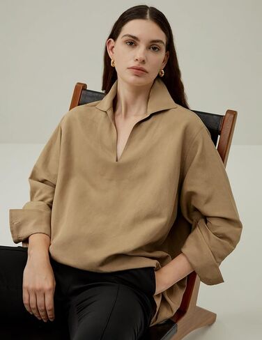LilySilk Women Silk Linen Blend Shirt Ladies Breathable Blouse with Half-Placket V-Neck Half Dropped Shoulder in Saudi Arabia