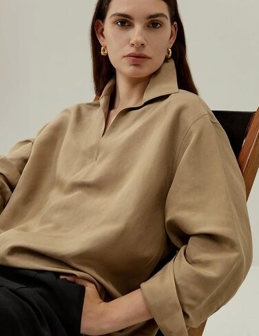 LilySilk Women Silk Linen Blend Shirt Ladies Breathable Blouse with Half-Placket V-Neck Half Dropped Shoulder in Saudi Arabia