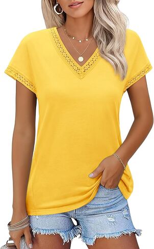 Cap Sleeve Tops for Women Lace V Neck Shirts Boho Short Sleeve Blouses Casual Summer Outfits Beach Vacation Clothes in Kuwait