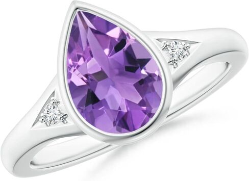Angara Bezel-Set Pear-Shaped Amethyst Ring with Diamonds in Sterling Silver/14K Solid Gold/Platinum | Natural Amethyst Side Stone Ring for Women | February Birthday, Gemstone Jewelry Gift in Saudi Arabia