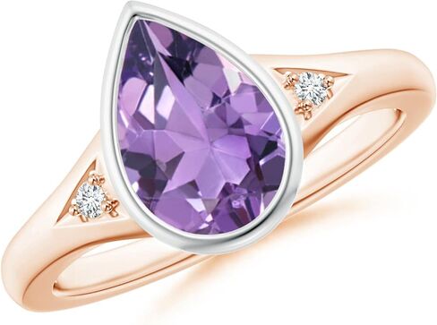 Angara Bezel-Set Pear-Shaped Amethyst Ring with Diamonds in Sterling Silver/14K Solid Gold/Platinum | Natural Amethyst Side Stone Ring for Women | February Birthday, Gemstone Jewelry Gift in Saudi Arabia