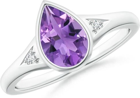 Angara Bezel-Set Pear-Shaped Amethyst Ring with Diamonds in Sterling Silver/14K Solid Gold/Platinum | Natural Amethyst Side Stone Ring for Women | February Birthday, Gemstone Jewelry Gift in Saudi Arabia