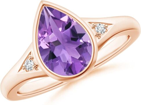 Angara Bezel-Set Pear-Shaped Amethyst Ring with Diamonds in Sterling Silver/14K Solid Gold/Platinum | Natural Amethyst Side Stone Ring for Women | February Birthday, Gemstone Jewelry Gift in Saudi Arabia