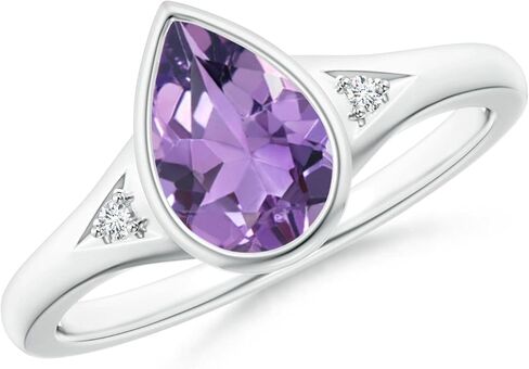 Angara Bezel-Set Pear-Shaped Amethyst Ring with Diamonds in Sterling Silver/14K Solid Gold/Platinum | Natural Amethyst Side Stone Ring for Women | February Birthday, Gemstone Jewelry Gift in Saudi Arabia