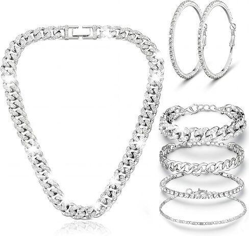 Yinkin 6 Pcs Link Chain jewelry sets for Woman with Rhinestone Necklace Bracelet Earrings Bling Diamond chunky Chain Jewelry in Saudi Arabia