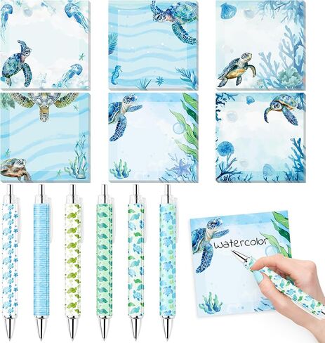 12Pcs Sea Turtle Sticky Notes with Pens Set Watercolor Ocean Sea Animals Writing Notepads Memo Pads Ballpoint Pens VSCO Aesthetic Christmas Gifts for Turtle Lovers Women Teacher Office School Supplies in Kuwait