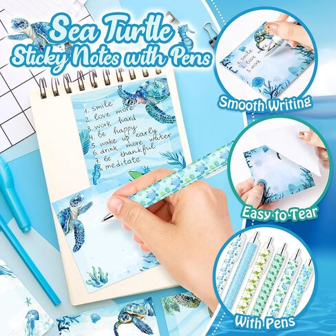 12Pcs Sea Turtle Sticky Notes with Pens Set Watercolor Ocean Sea Animals Writing Notepads Memo Pads Ballpoint Pens VSCO Aesthetic Christmas Gifts for Turtle Lovers Women Teacher Office School Supplies in Kuwait
