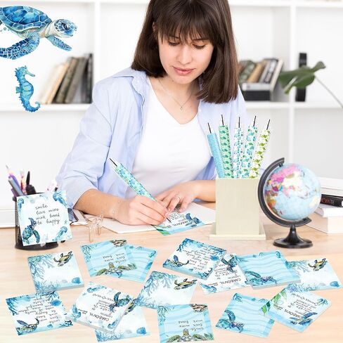 12Pcs Sea Turtle Sticky Notes with Pens Set Watercolor Ocean Sea Animals Writing Notepads Memo Pads Ballpoint Pens VSCO Aesthetic Christmas Gifts for Turtle Lovers Women Teacher Office School Supplies in Kuwait