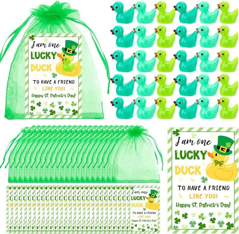 30 مجموعة من بطات الراتنج الصغيرة لعيد القديس باتريك مع بطاقات تهنئة وأكياس الأورجانزا وتماثيل البط المصغرة هدايا عيد القديس باتريك الأيرلندي لزملاء العمل وديكورات يوم القديس باتريك in Kuwait