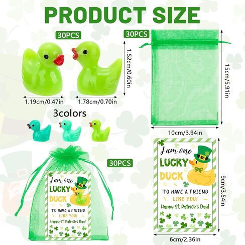30 مجموعة من بطات الراتنج الصغيرة لعيد القديس باتريك مع بطاقات تهنئة وأكياس الأورجانزا وتماثيل البط المصغرة هدايا عيد القديس باتريك الأيرلندي لزملاء العمل وديكورات يوم القديس باتريك in Kuwait