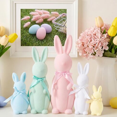 Youyole 5 Pcs Easter Decorations Pastel Flocked Bunny Figurines with Bow Tie (15.5", 13", 10", 7.9", 5.9") Flocking Rabbit Tabletop Mantel Decoration for Easter Centerpieces for Spring Decor Supplies in Saudi Arabia