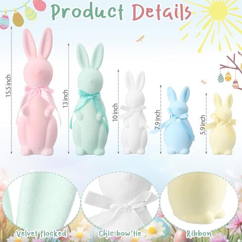 Youyole 5 Pcs Easter Decorations Pastel Flocked Bunny Figurines with Bow Tie (15.5", 13", 10", 7.9", 5.9") Flocking Rabbit Tabletop Mantel Decoration for Easter Centerpieces for Spring Decor Supplies in Saudi Arabia