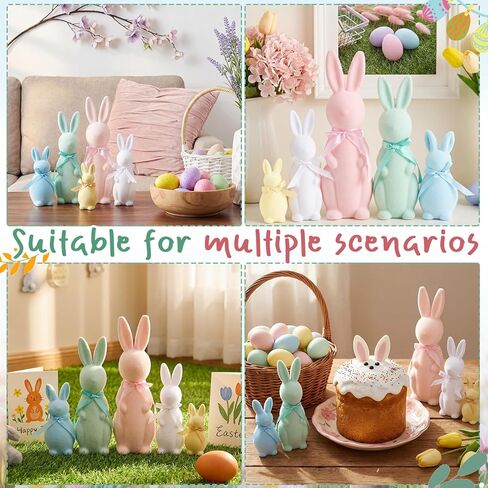 Youyole 5 Pcs Easter Decorations Pastel Flocked Bunny Figurines with Bow Tie (15.5", 13", 10", 7.9", 5.9") Flocking Rabbit Tabletop Mantel Decoration for Easter Centerpieces for Spring Decor Supplies in Saudi Arabia