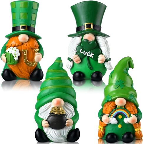 Meonum 4 Pcs St Patrick's Day Resin Gnomes Figurine 4.7" Shamrock Gnomes Gifts Irish Gnomes Tiered Tray Decor Swedish Tomte Gnomes Collectible Figurines for Home Tabletop Farmhouse Shelf Decorations in Saudi Arabia