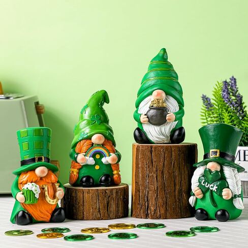 Meonum 4 Pcs St Patrick's Day Resin Gnomes Figurine 4.7" Shamrock Gnomes Gifts Irish Gnomes Tiered Tray Decor Swedish Tomte Gnomes Collectible Figurines for Home Tabletop Farmhouse Shelf Decorations in Saudi Arabia