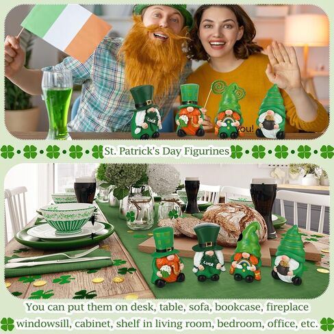 Meonum 4 Pcs St Patrick's Day Resin Gnomes Figurine 4.7" Shamrock Gnomes Gifts Irish Gnomes Tiered Tray Decor Swedish Tomte Gnomes Collectible Figurines for Home Tabletop Farmhouse Shelf Decorations in Saudi Arabia