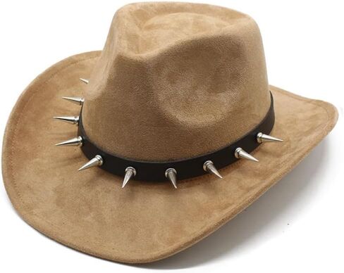 Black Western Cowboy Hat with Metal Spike Studs, Faux Suede, Wide Brim, Unisex Adult in Saudi Arabia