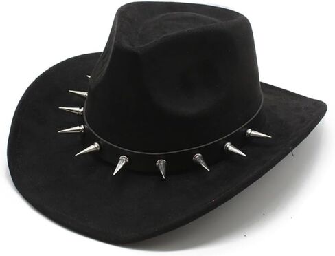 Black Western Cowboy Hat with Metal Spike Studs, Faux Suede, Wide Brim, Unisex Adult in Saudi Arabia