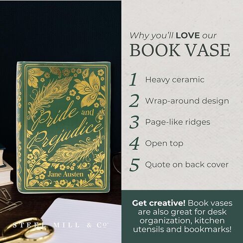 Steel Mill & Co Original Large Book-Shaped Decorative Vase, Ceramic Vases for Home Decor, Cute Bookshelf Decor, Unique Vase for Book Lovers (Pride and Prejudice - Collector's Edition) in Saudi Arabia