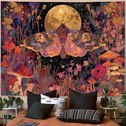 Leeisysme Hippie Butterfly Moon Tapestry, Aesthetic Boho Flower Moth Wall Art for Living Room Bedroom Home Decor, Red 36x48 inches in Kuwait