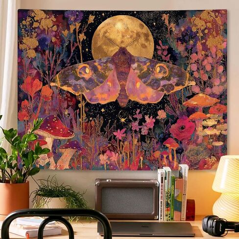 Leeisysme Hippie Butterfly Moon Tapestry, Aesthetic Boho Flower Moth Wall Art for Living Room Bedroom Home Decor, Red 36x48 inches in Kuwait
