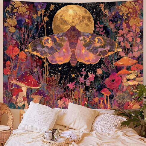 Leeisysme Hippie Butterfly Moon Tapestry, Aesthetic Boho Flower Moth Wall Art for Living Room Bedroom Home Decor, Red 36x48 inches in Kuwait